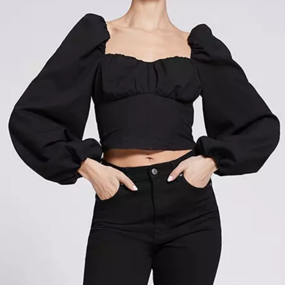 & Other Stories Crop Fitted Smocked Corset Puff Balloon Long‎ Sleeve Top Black 2